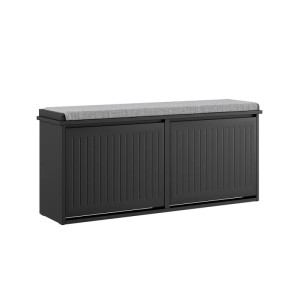 Schwarze Schuhbank mit 2 Klappen und grauem Sitzkissen. Schuhregal für bis zu 8 Paar Schuhe.