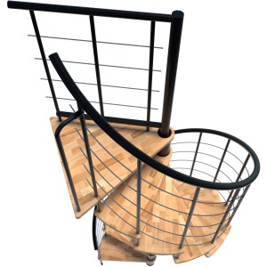 Minka Spindeltreppe Venezia Smart, Buche schwarz, Ø100cm. Wendeltreppe mit Holzstufen und schwarzem Geländer.