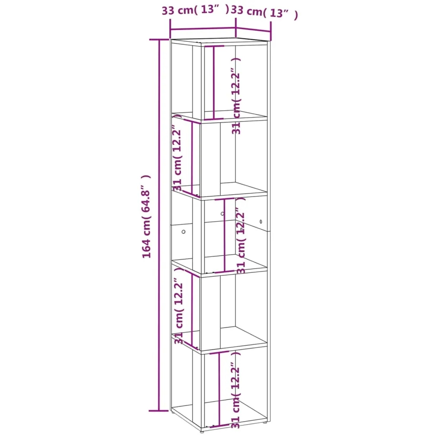 Eckregal in Betongrau, 164,5 cm hoch, mit fünf Fächern. Ideal als Büroschrank oder Bücherregal.