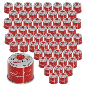 60 Evocamp Gaskartuschen mit Butan/Propan für Campingkocher und Gasgrills.