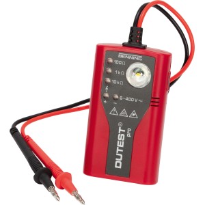 Benning DUTEST Pro Durchgangsprüfer: Rotes Gehäuse mit Messspitzen und LED-Anzeige.