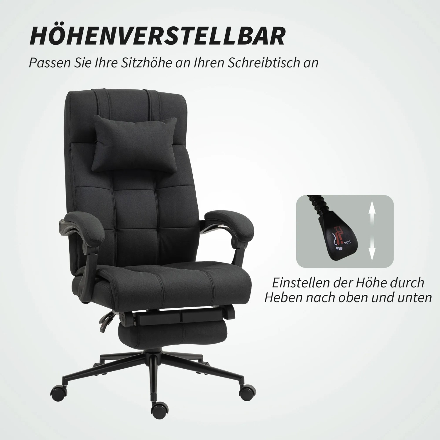 Schwarzer Vinsetto Bürostuhl mit Fußstütze und ergonomischem Design in Leinenoptik.