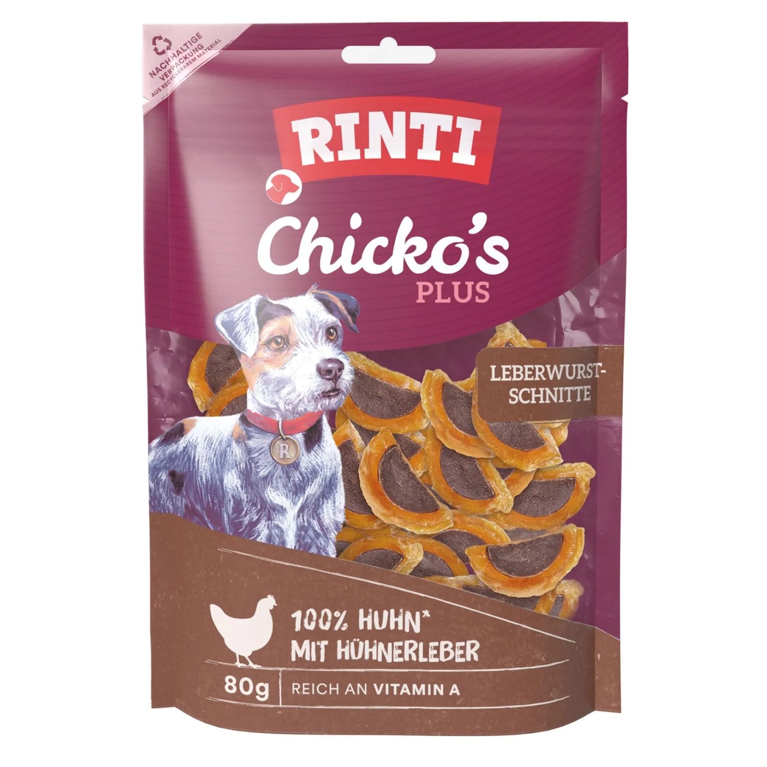 Rinti Hunde-Natursnacks Chicko Plus Leberwurstschnitte Huhn 80 g