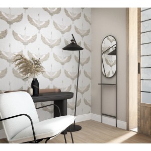 Marburg Vliestapete Grafisch Natur Weiß-Beige mit Kranichmuster im Wohnraum.