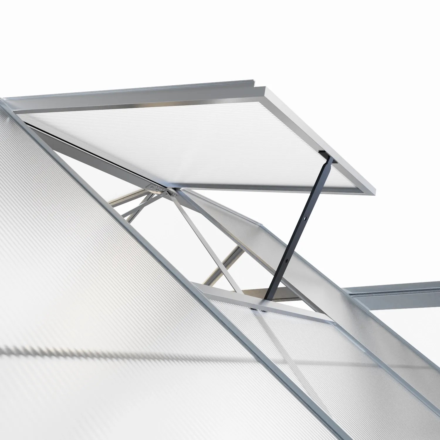 Detailaufnahme Dachfenster des Garmio Gewächshauses Cuneo aus Alu mit Hohlkammerstegplatten.
