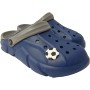 Scheibler Clog Markelo, marineblau-grau, Größe 45. Garten Clogs mit Fußball-Anstecker.