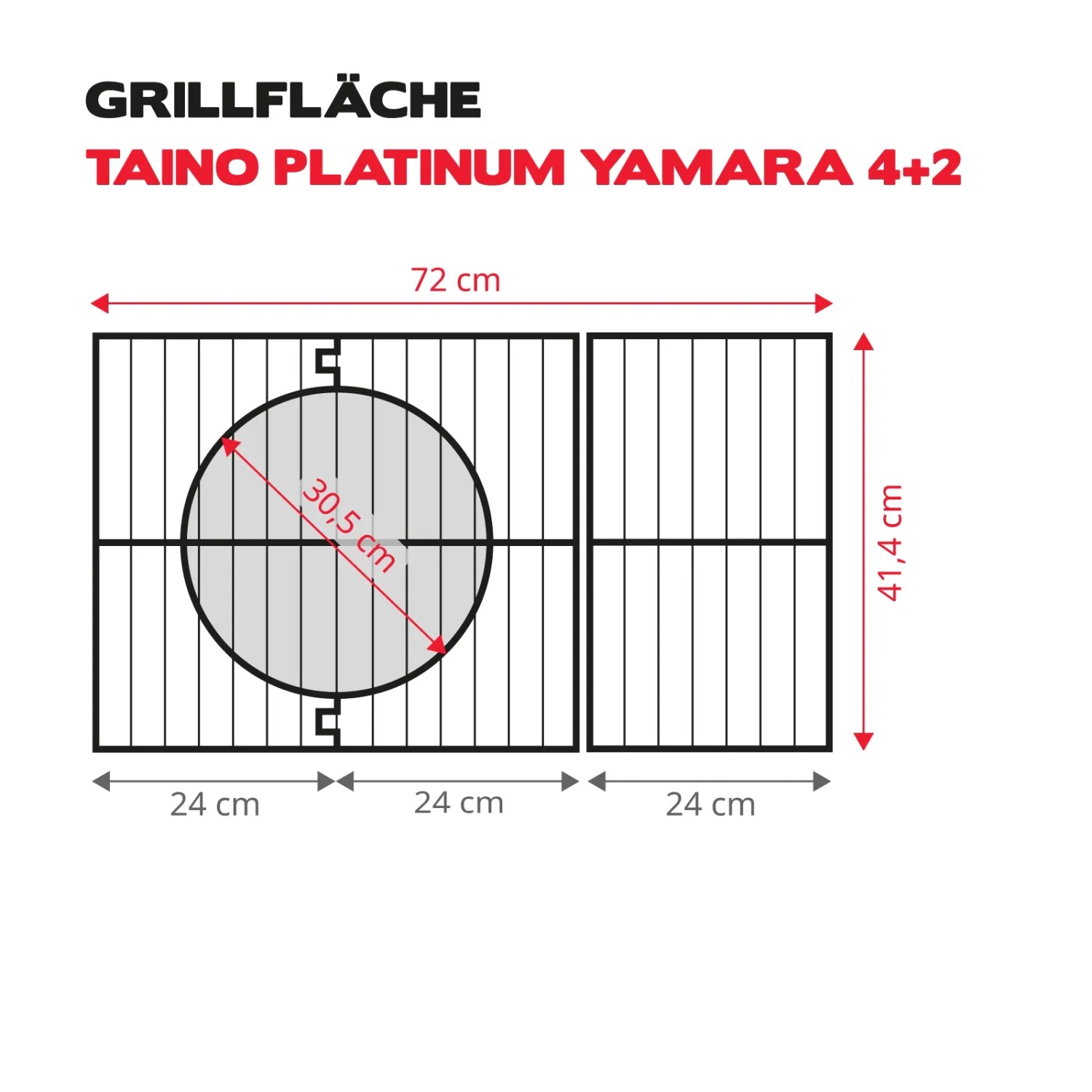 Grillfläche des Taino Platinum Yamara 4+2 Gasgrills mit Maßangaben.