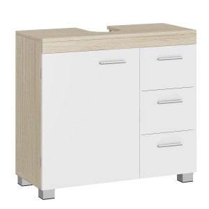 Songmics Waschbeckenunterschrank, weiß-beige, mit Tür und 3 Schubladen.