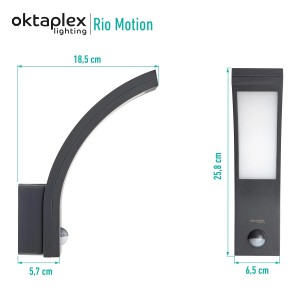 Oktaplex Rio LED Außenleuchte mit Bewegungsmelder, anthrazitfarbene Wandleuchte mit Maßen.