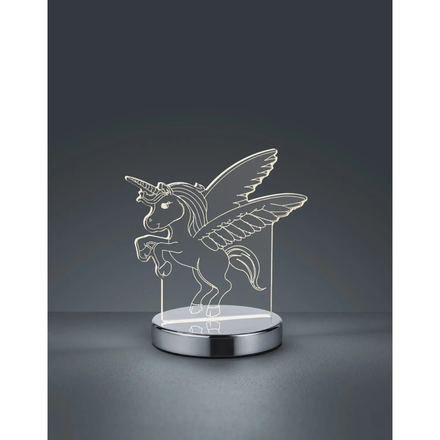 Chromfarbene LED Tischleuchte Karo mit Einhorn-Motiv, 17,5x17x12cm. Dekorative Lampe für Kinderzimmer.