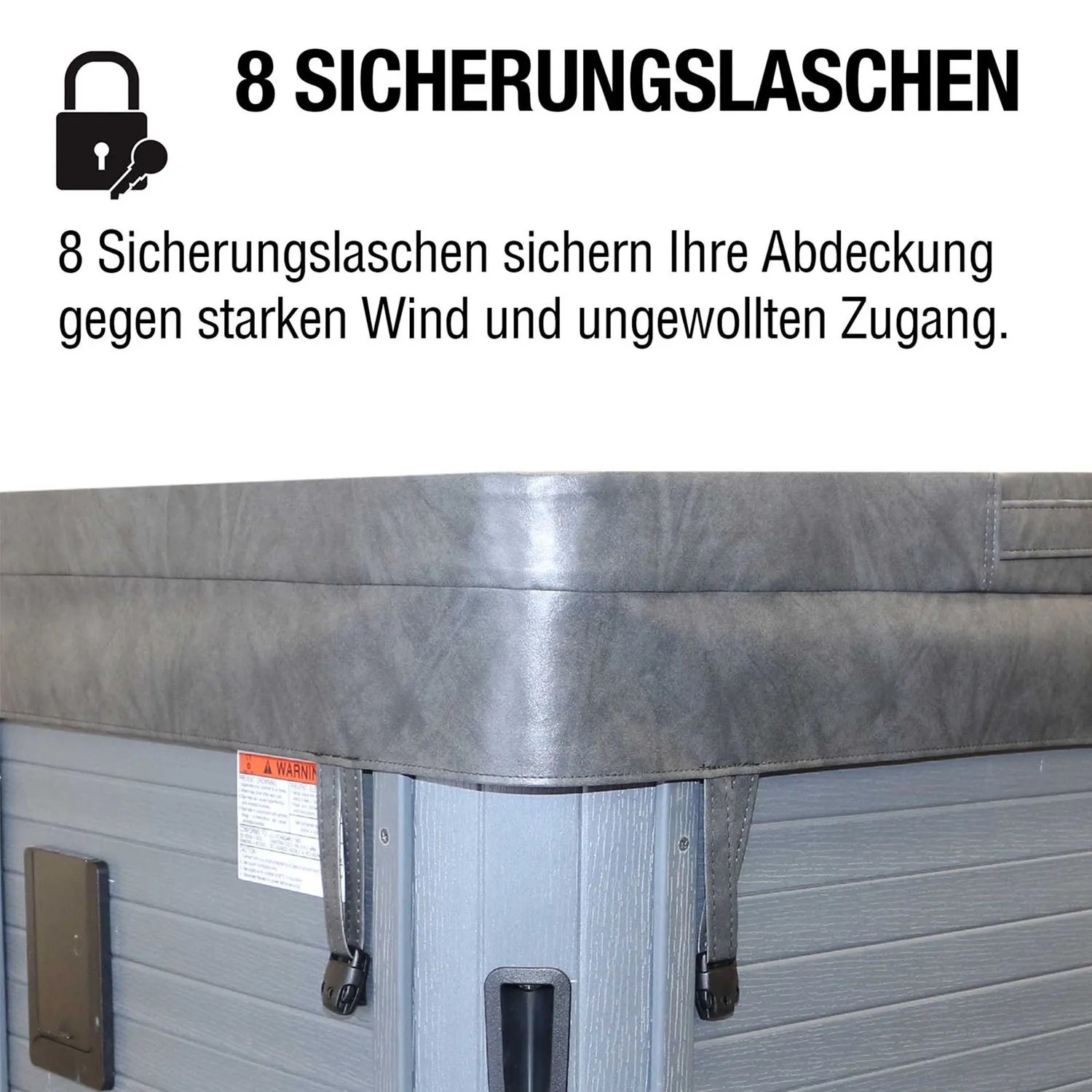 Graue Canadian Spa Whirlpool Abdeckung mit 8 Sicherungslaschen am Whirlpool befestigt.