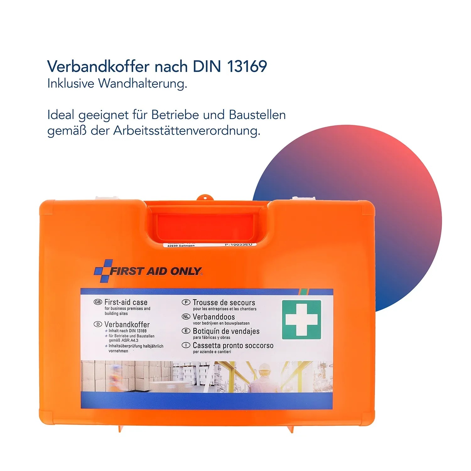Oranger Erste Hilfe Koffer DIN 13169 mit Wandhalterung für Betriebe und Baustellen.