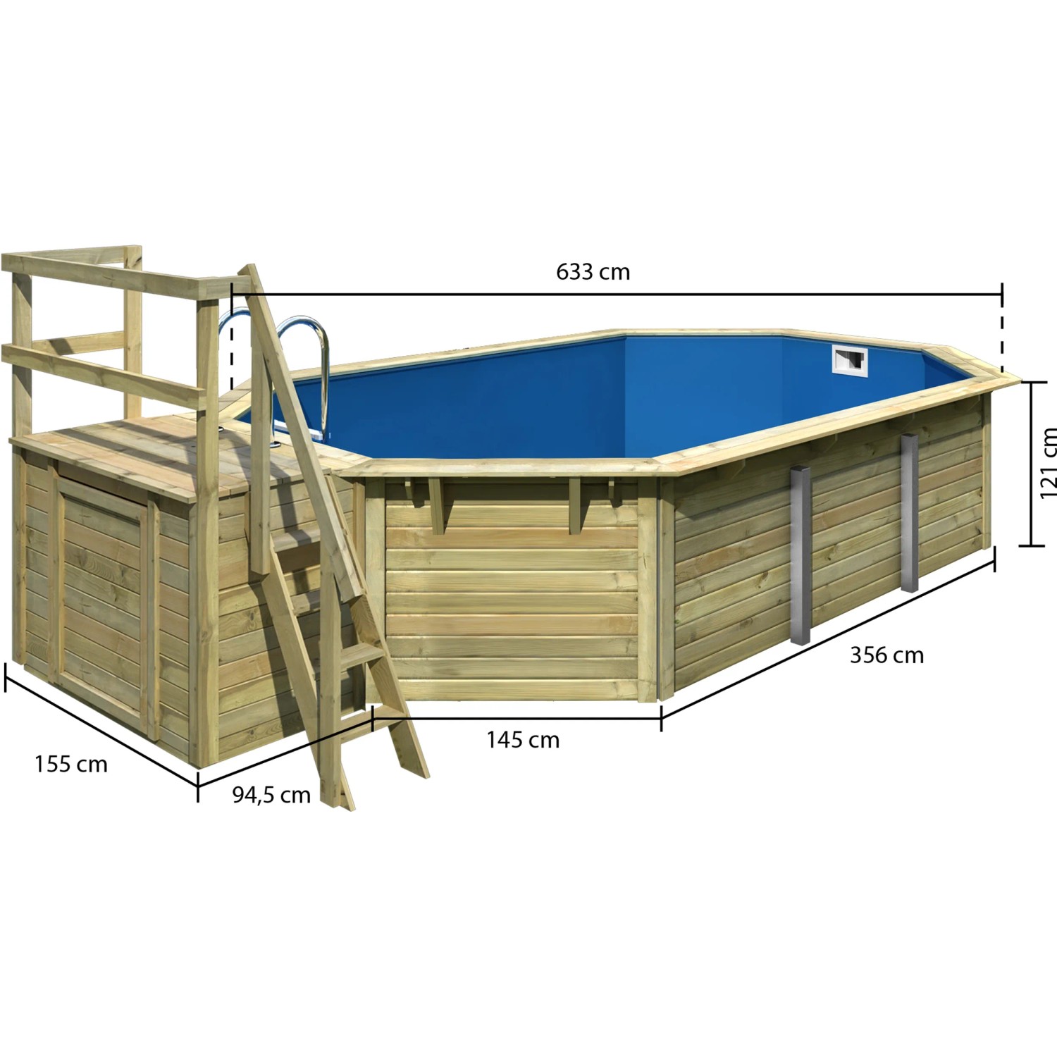 Karibu Holzpool Modell 4 Set mit Leiter, Filteranlage und Sonnenterrasse. Abmessungen sind eingezeichnet.