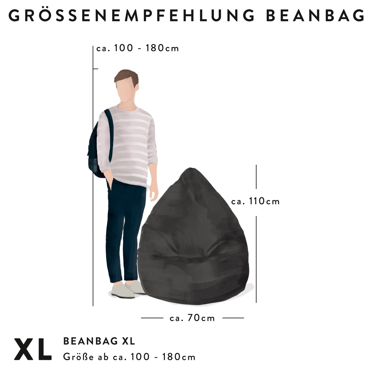 Sitting Point Sitzsack Fluffy, mittelgrau, mit Größenangaben und einer Person als Größenvergleich.