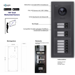 Goliath IP Video Türsprechanlage für 9 Familien, 7 Zoll, Schwarz/Anthrazit, Unterputz.