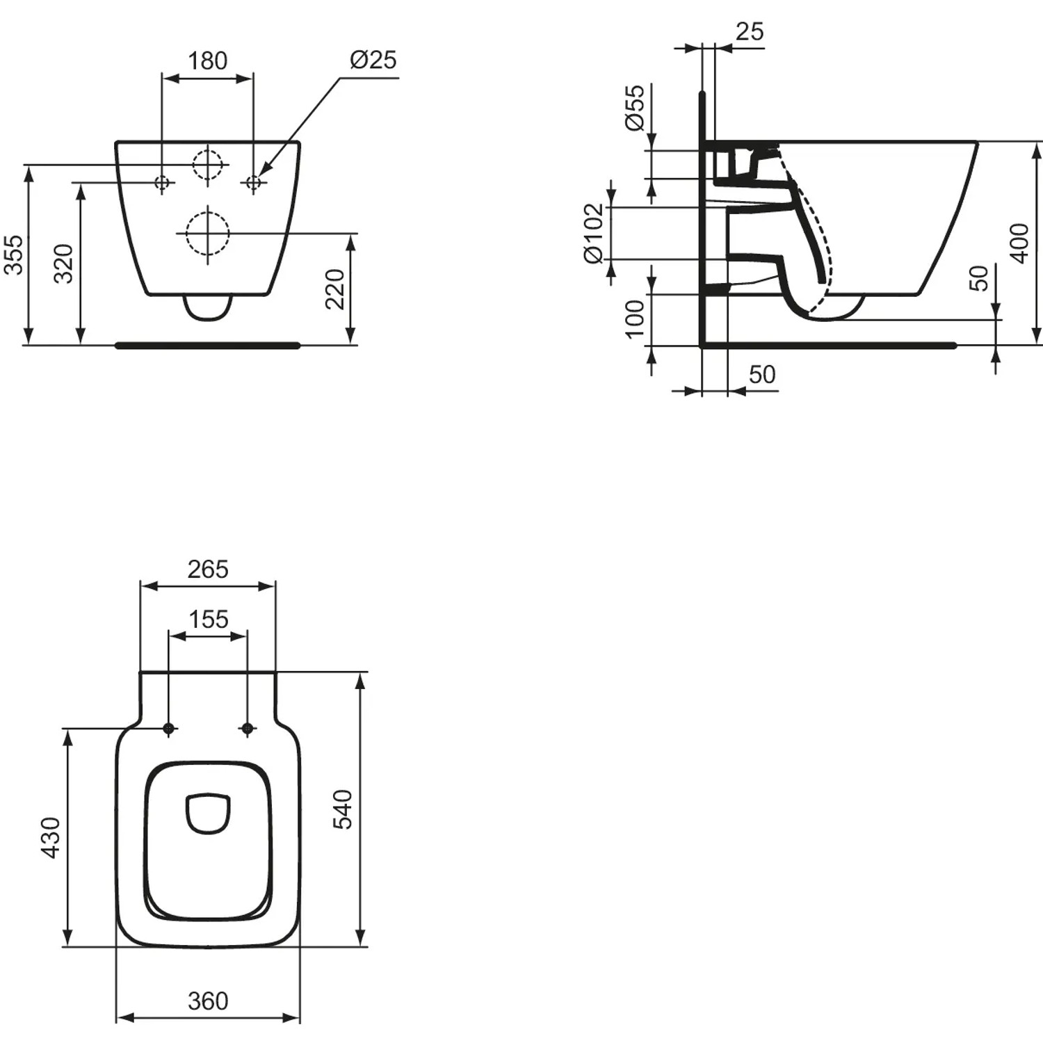 Technische Zeichnung: Ideal Standard Wand-WC Strada II, spülrandlos mit AquaBlade Technologie.