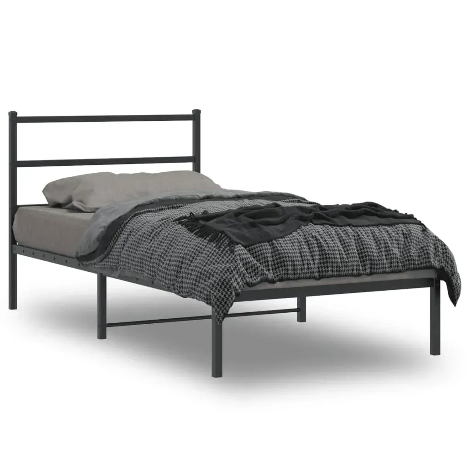 Schwarzes Metall Bettgestell 107x203 cm mit Kopfteil für Schlafzimmer.