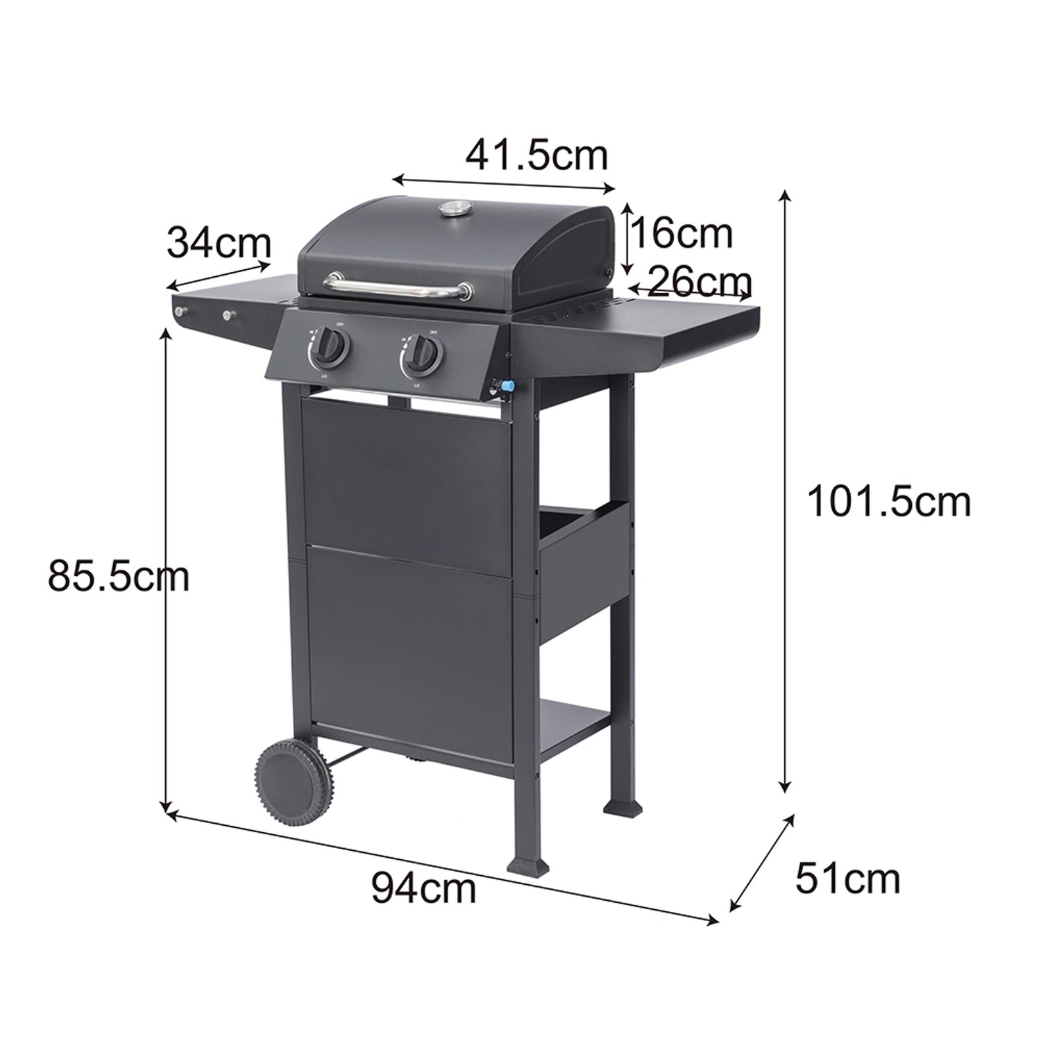 El Fuego Gasgrill San Jose mit 2 Brennern, Abmessungen und Seitenablage.