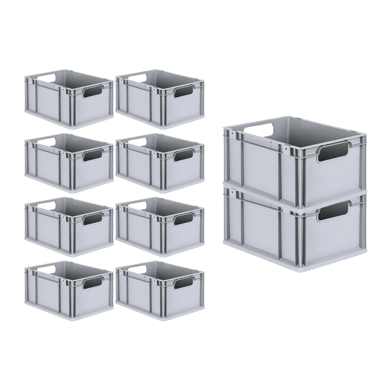 PROREGAL Spar Set: 10 graue Euroboxen mit Deckel und Schnappverschlüssen, 20 Liter.