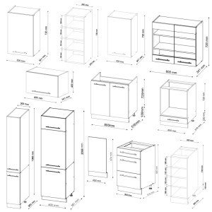 Skizze der Fame-Line Küchenzeile 355cm in Bordeaux/Anthrazit mit Maßangaben.