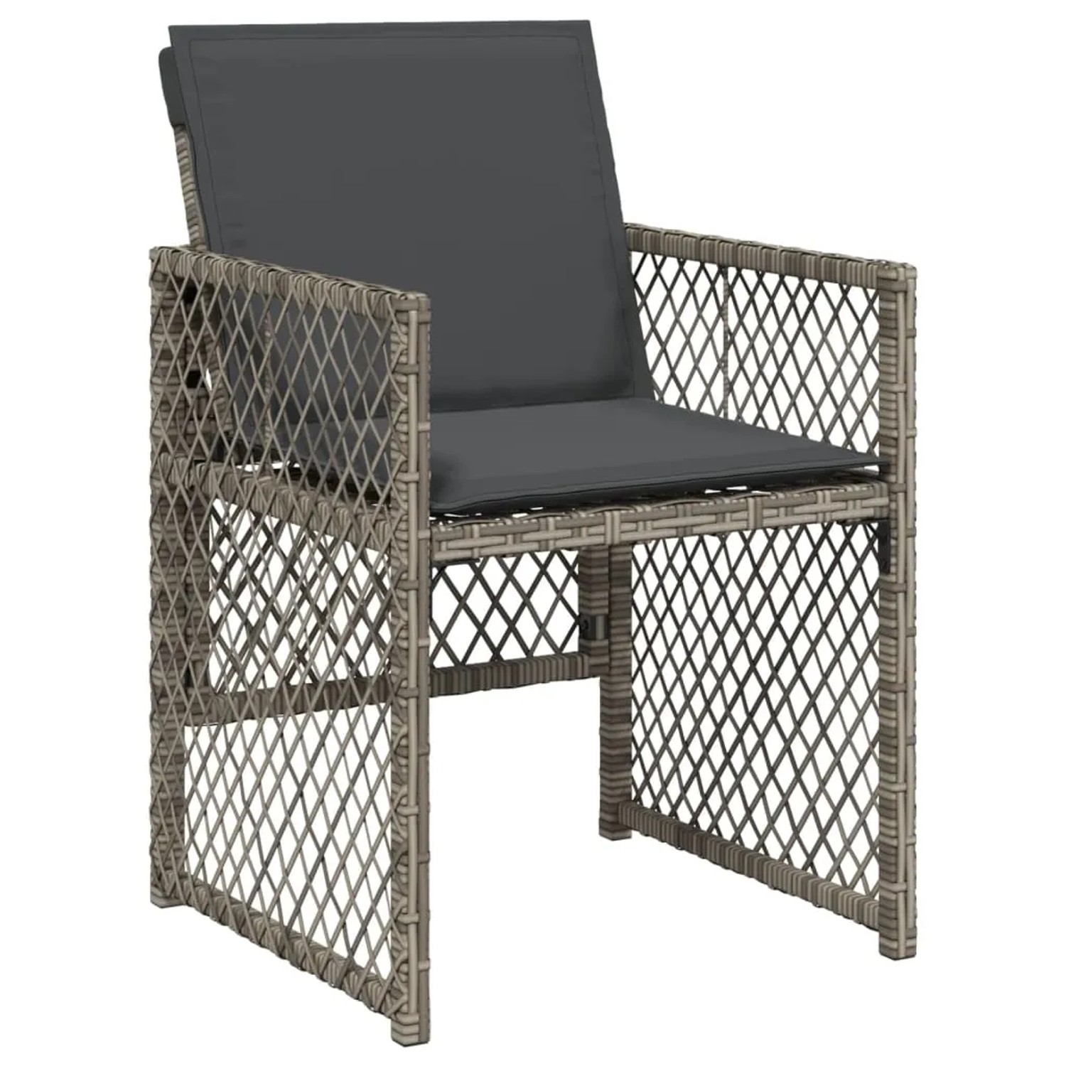 Gartenstuhl aus grauem Poly Rattan mit dunklen Kissen, Teil der vidaXL 13-tlg Essgruppe.