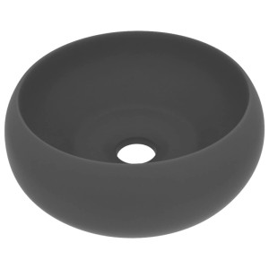 Rundes, matt dunkelgraues Keramik-Waschbecken mit luxuriösem Design. Modernes Aufsatzwaschbecken für Bad und Gäste-WC.