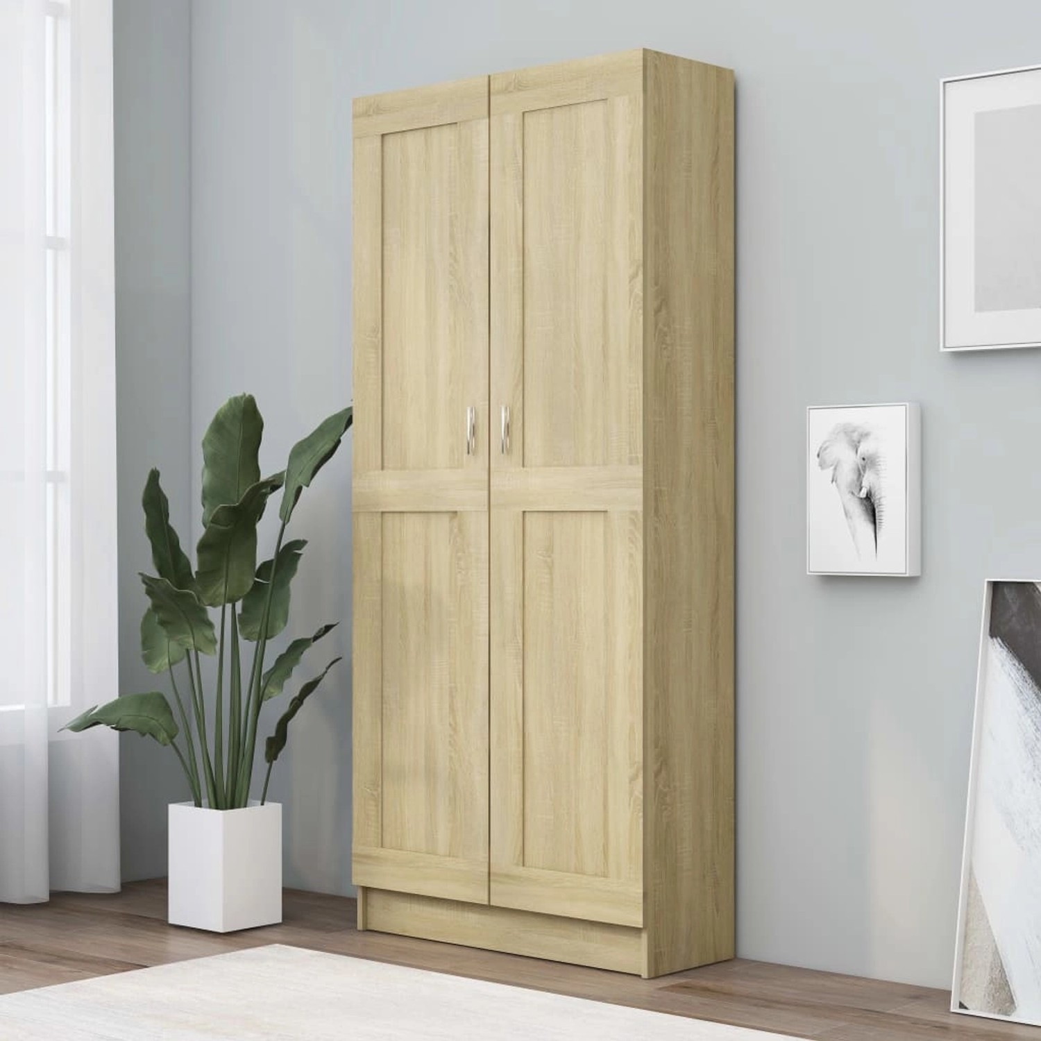 VidaXL Bücherschrank Sonoma-Eiche, Holzwerkstoff, mit zwei Türen und Regalfächern.