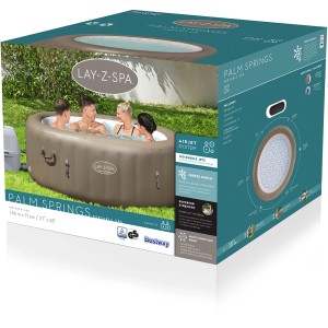 Verpackung: Bestway Lay-Z-Spa Palm Springs AirJet, aufblasbarer Whirlpool Ø 196 cm, taupe, für 6 Personen.