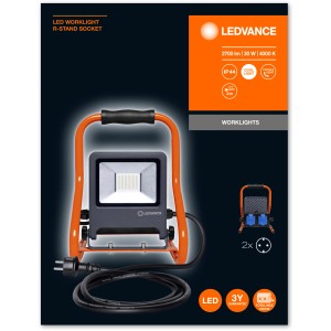 Ledvance LED-Baustrahler Worklight mit Steckdosen, 30W, Kaltweiß. Tragbarer Strahler mit orangem Gestell.