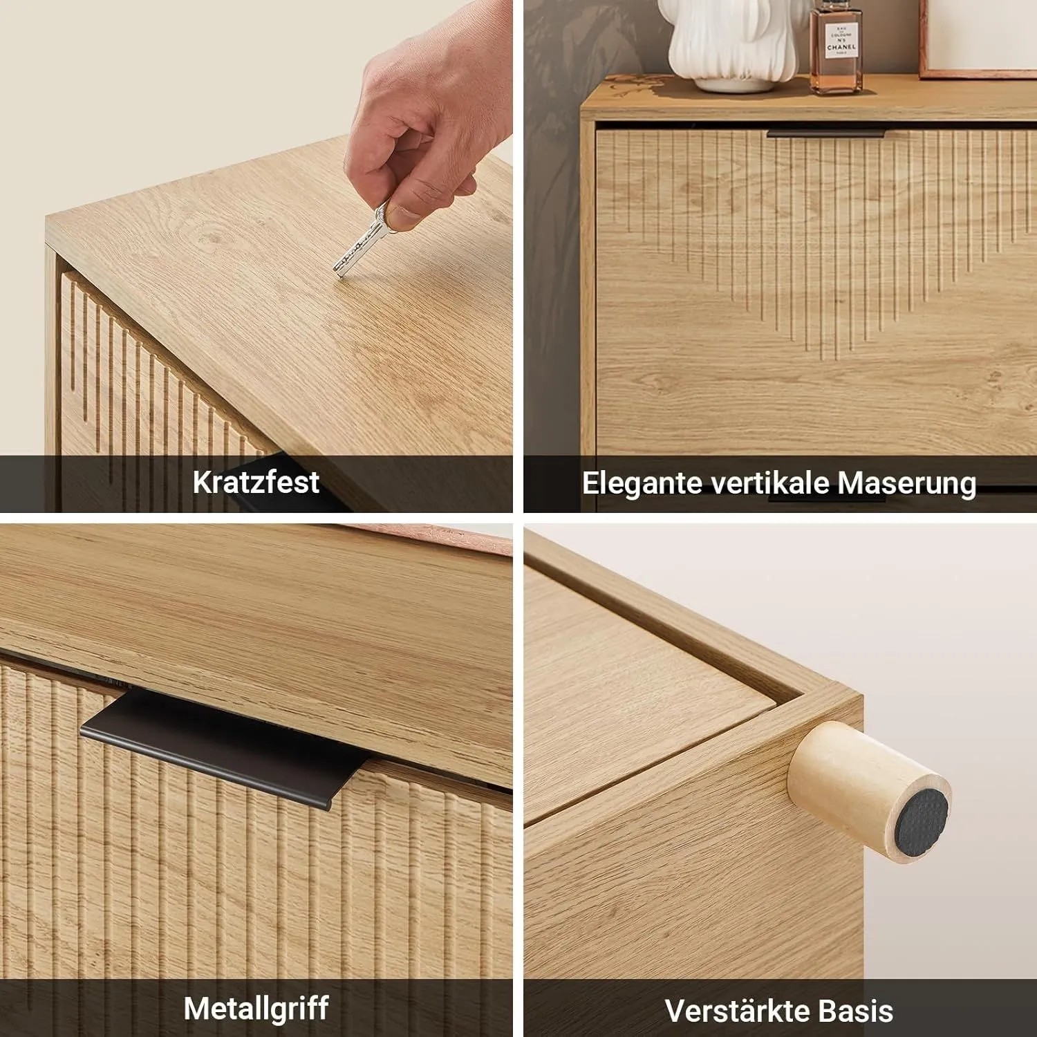 Detailansichten des naturbelassenen SoBuy Schuhschranks FSR214-N mit 4 Klappen und Holzmaserung.