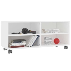 Weißer vidaXL TV-Schrank mit Rollen, 90x35x35 cm, aus Holzwerkstoff mit offenen Fächern.