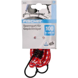 Fischer Fahrrad-Spanngurt, 100 cm, rot-weiß, mit Haken für Gepäckträger.