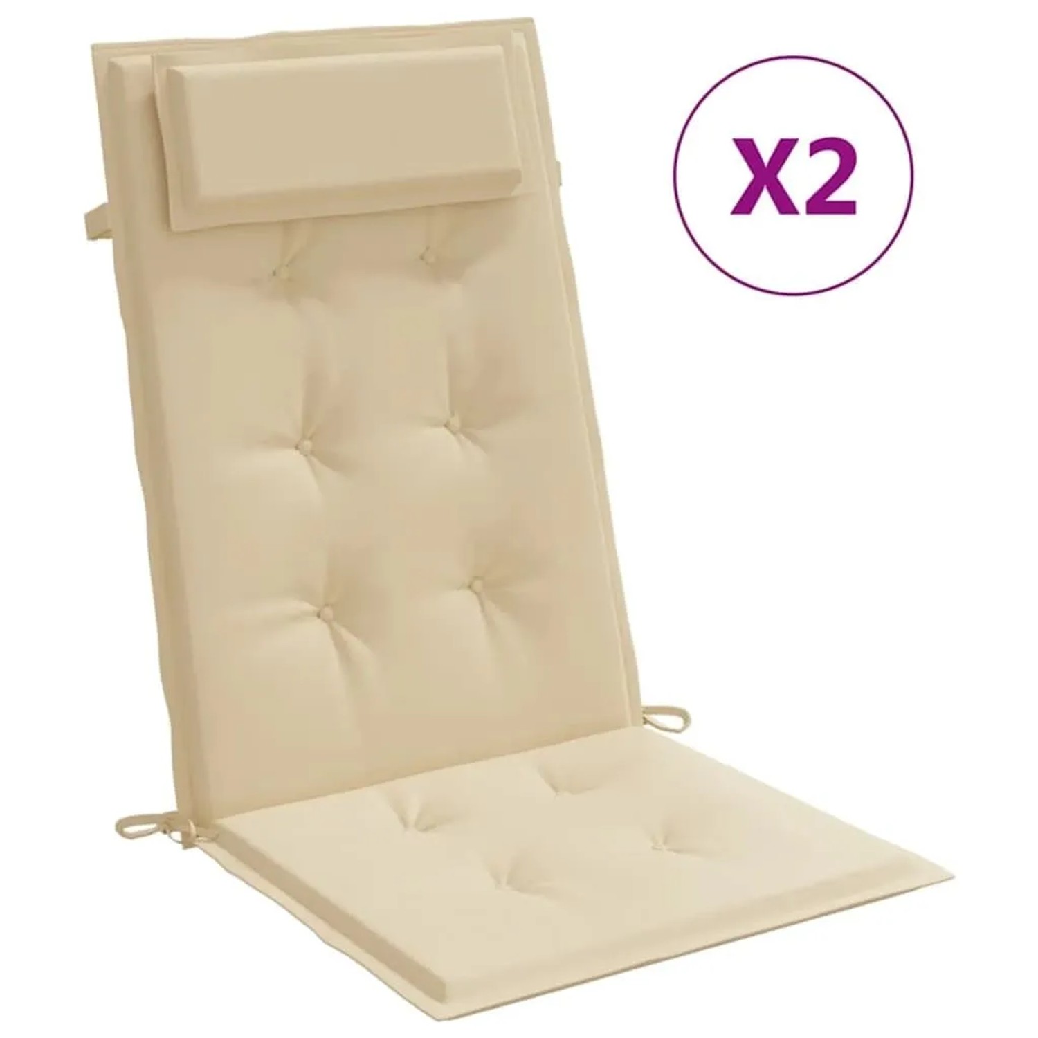 Zwei beige Hochlehner-Auflagen aus Oxford-Gewebe mit Kopfpolster und Steppung für Gartenstühle.