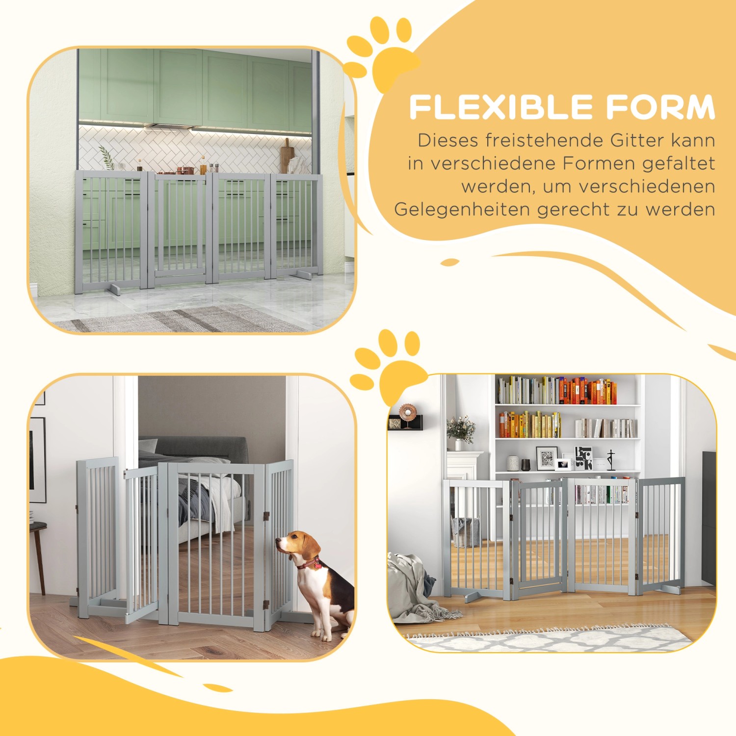 Flexibles PawHut Schutzgitter aus Kiefernholz, hellgrau, für Hunde und andere Haustiere.