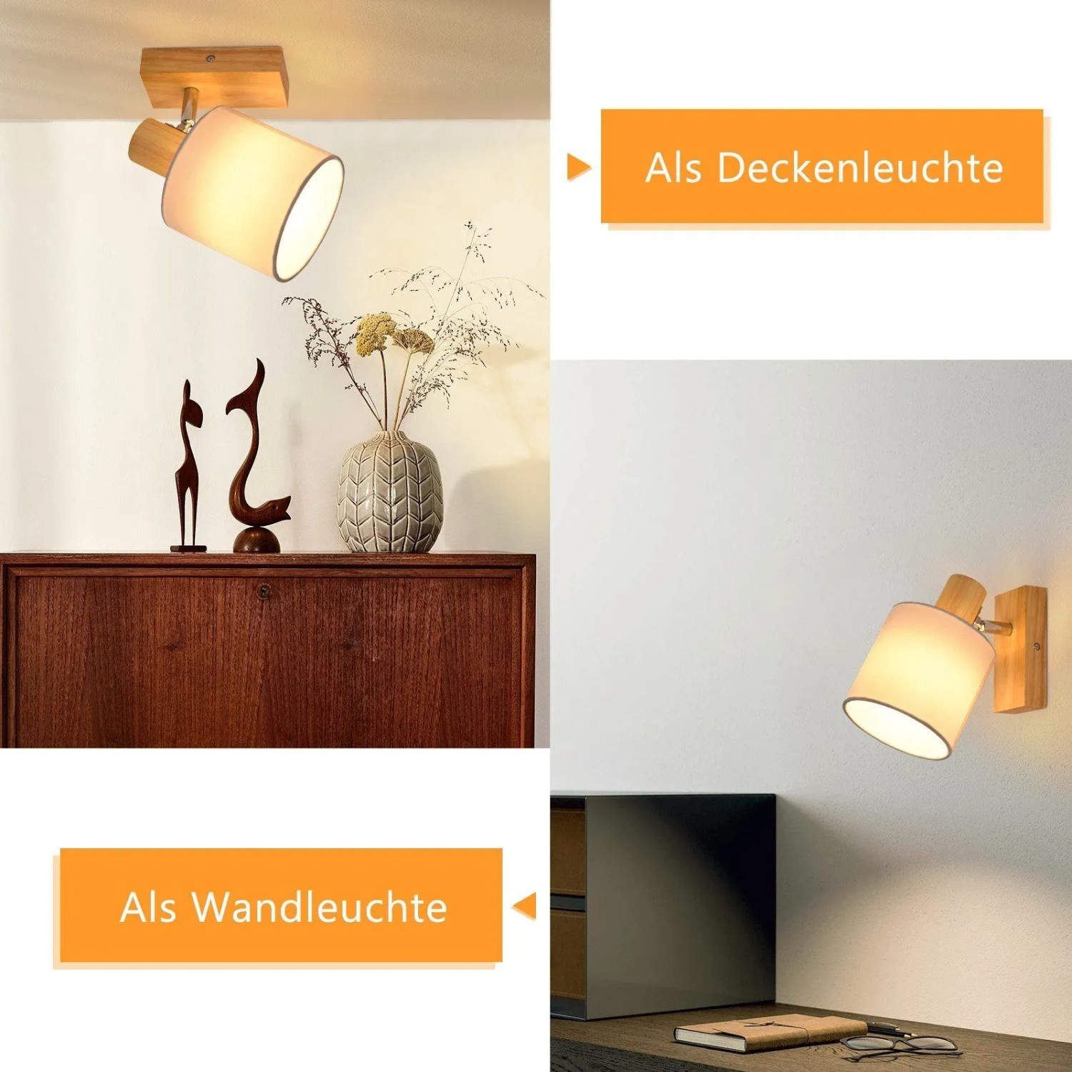 NETTLIFE Deckenstrahler aus Holz mit weißem Stoffschirm, flexibel als Decken- oder Wandleuchte in modernem Design.