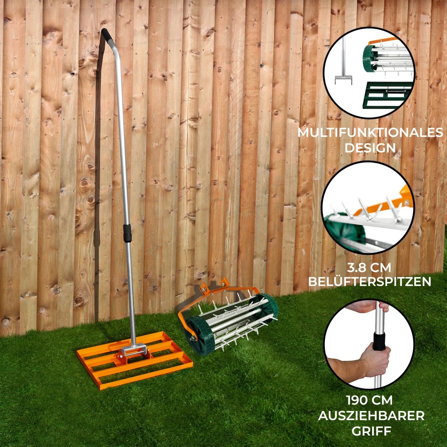 Monstershop Rasenrakel & Rollrasenlüfter: Oranges Gartenhandgerät mit ausziehbarem Griff.