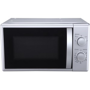 PKM Unterbau-Mikrowelle MW700-20 UB2, silberfarben, mit Drehteller und analogen Bedienelementen.