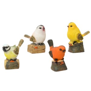 Mehrfarbige Deko-Vögel aus Polyresin mit Sensor und Ton, 4-fach sortiert, 12 cm, für die Gartendekoration.