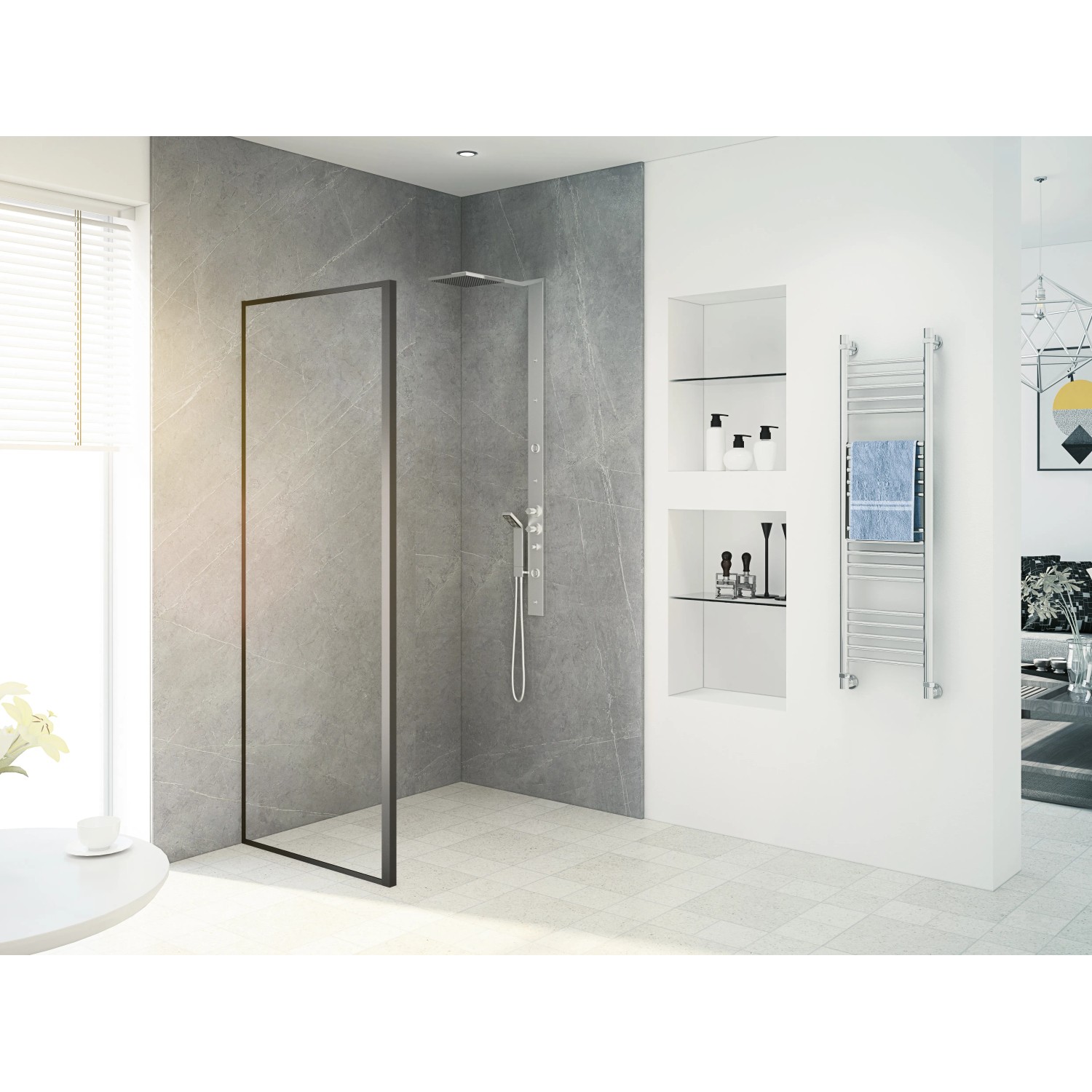 Baliv Seitenwand für Duschkabine DUK-90.91W, 90x195 cm, Schwarz, mit klarem Glas und schwarzem Rahmen.