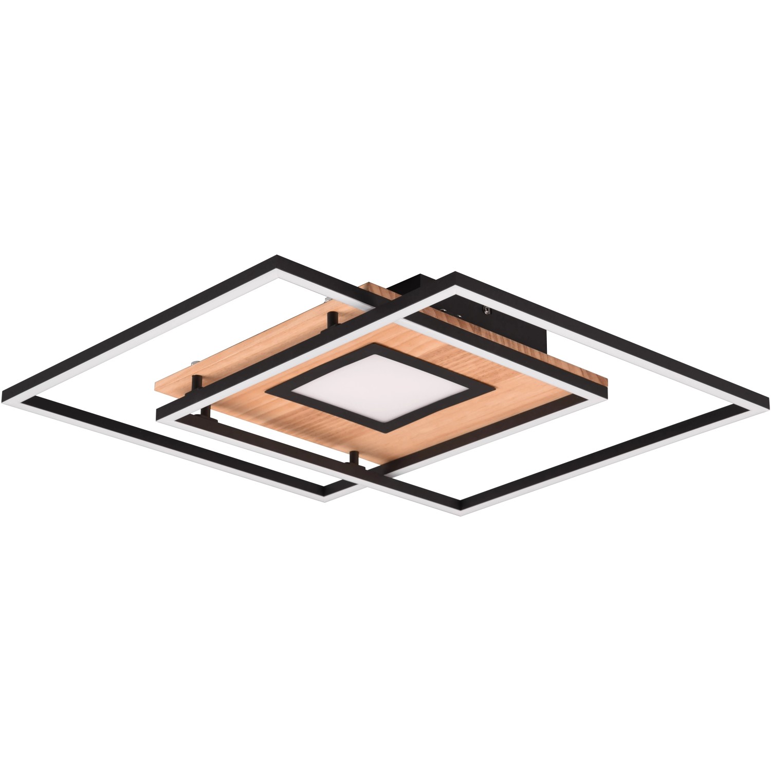 Moderne Trio LED Deckenleuchte Via in Holzoptik und Schwarz matt. Quadratisches Design mit Fernbedienung.