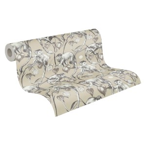 Michalsky Living Vliestapete mit Dschungel-Affen Motiv in Beige, Grau und Weiß.