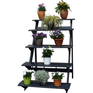 Anthrazitfarbene Promadino Blumentreppe groß aus Holz mit fünf Stufen für Blumen und Pflanzen.