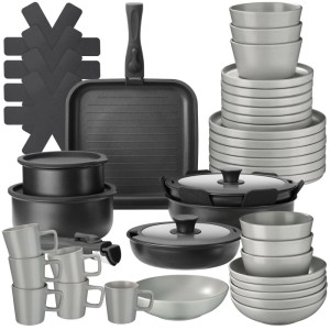Tectake Küchenstarterset Una Parma: Geschirrset, Töpfe und Pfannen aus Steingut und Aluminium mit Antihaftbeschichtung.