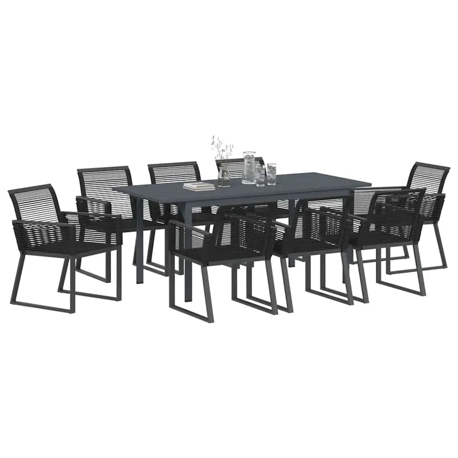 Schwarze 9-teilige Garten Essgruppe aus Stahl und Poly Rattan von vidaXL.