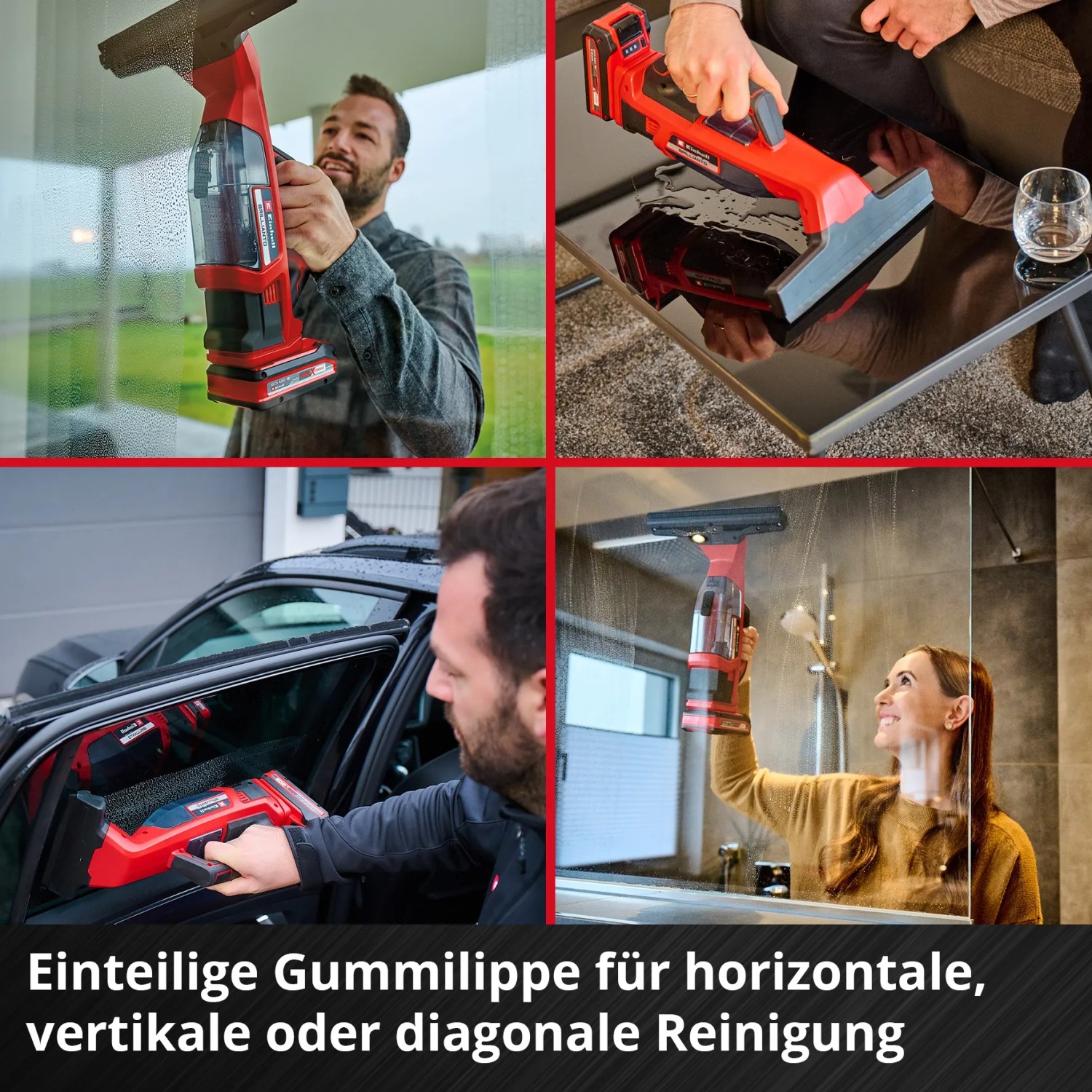 Einhell Akku-Fensterreiniger Brillianto in Anwendung: Fenster, Spiegel, Dusche und Auto streifenfrei reinigen.