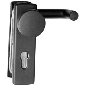 Schwarze Wechselgarnitur für feuerhemmende Türen, gelocht für Profilzylinder.