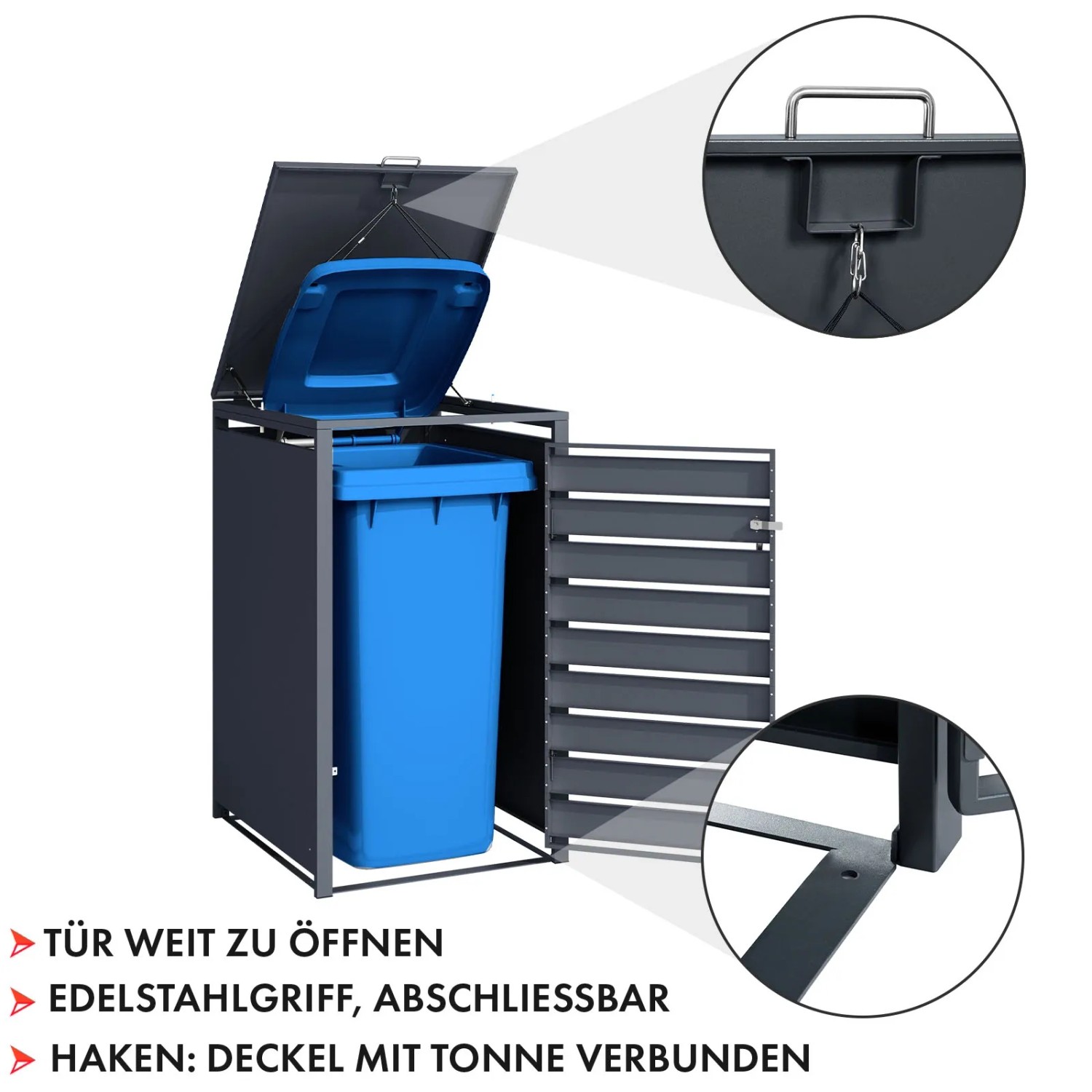KARAT Mülltonnenbox Magnus, 1 Tür, mit blauer Mülltonne. Ordnungssystem für den Garten.