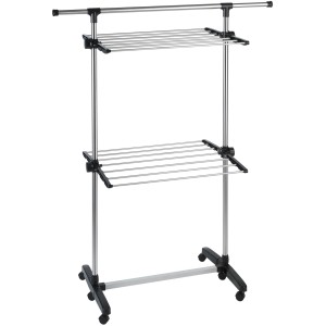 Wenko Platzspar-Wäschetrockner, silberner, zweistöckiger Wäscheständer mit Rollen und ausziehbarer Stange.