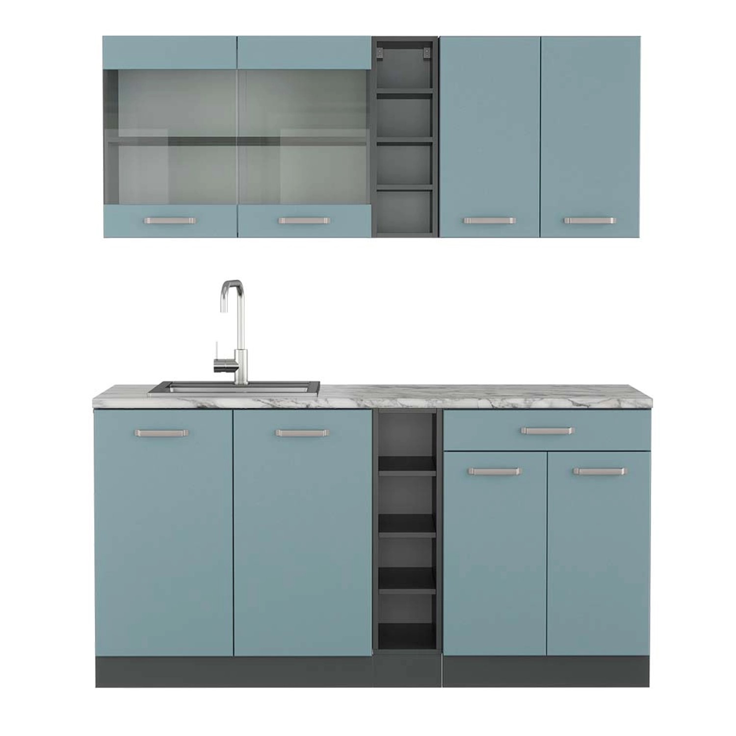 Vicco R-Line Singleküche Blau-Grau/Anthrazit 160 cm AP Marmor günstig online kaufen