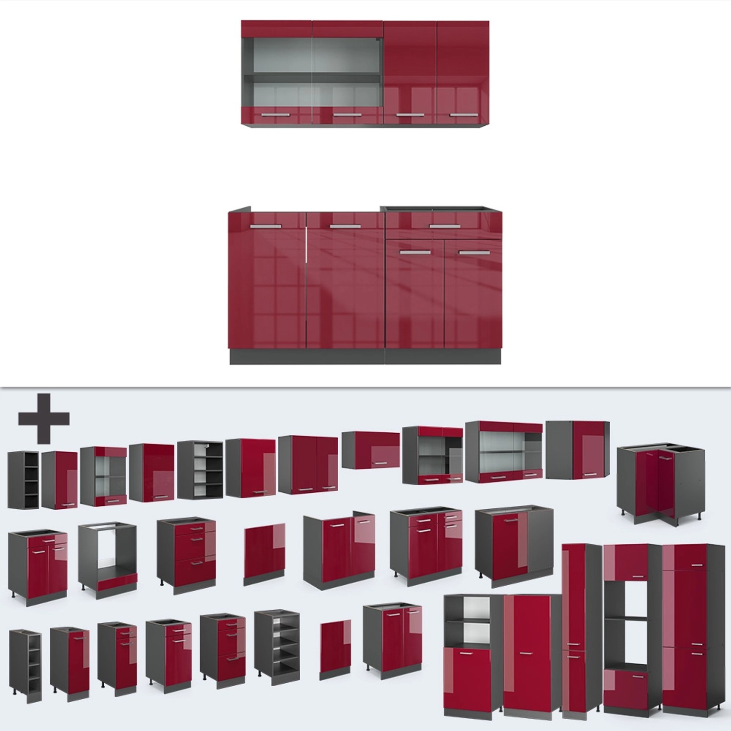 Vicco R-Line Singleküche, 140 cm, Bordeaux Hochglanz/Anthrazit, ohne Arbeitsplatte. Küchenzeile mit verschiedenen Modulen.
